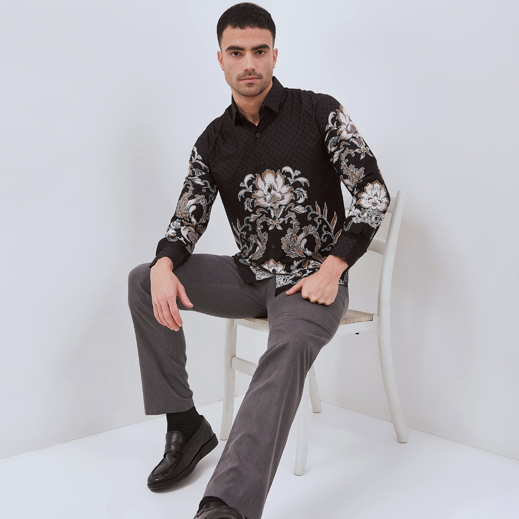 Set Kemeja Lengan Panjang Rok Lilit Couple Batik Kebaya Jumputan Pria Wanita Hitam Hanusa