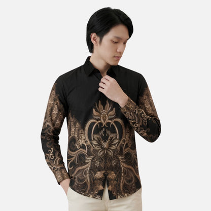 Odza Kemeja Batik Pria Slim Fit Lengan Panjang Katun Premium Baju Kerja Kondangan Rheyza Ungu Hitam