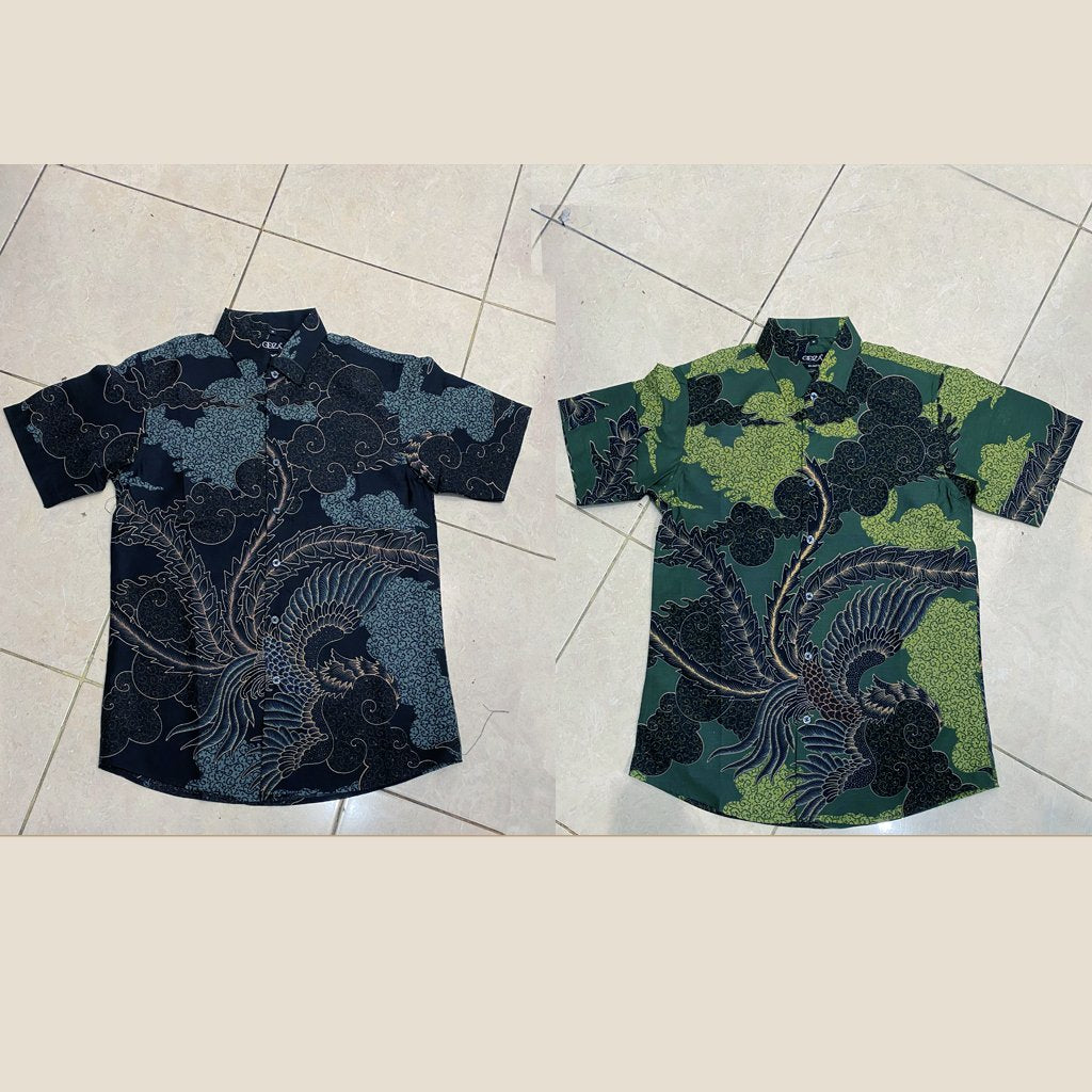 Odza Kemeja Batik Pria Slim Fit Lengan Pendek Katun Premium Baju Kerja Seragam Kantor Yasawirya Hijau Hitam