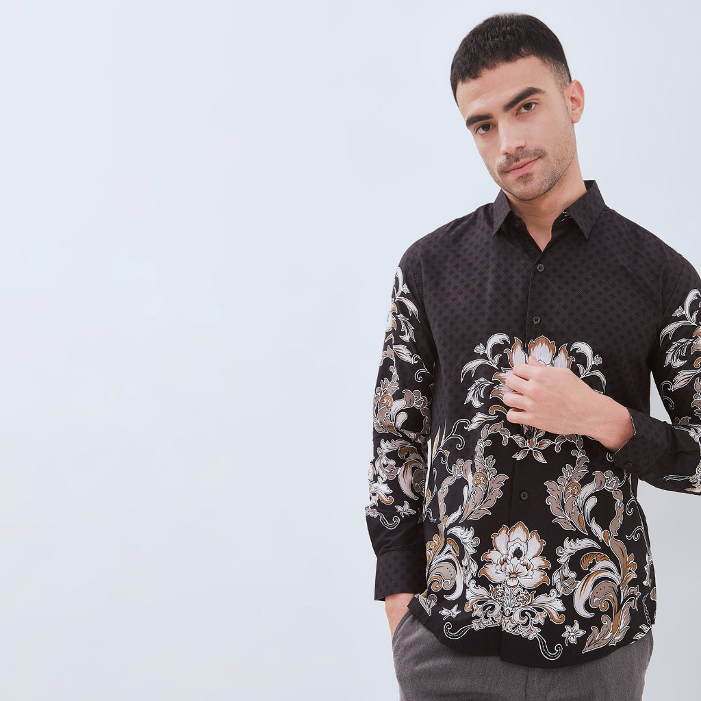 Set Kemeja Lengan Panjang Rok Lilit Couple Batik Kebaya Jumputan Pria Wanita Hitam Hanusa