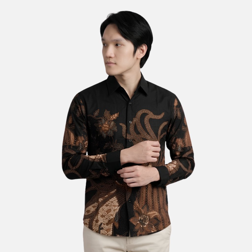 Odza Kemeja Batik Pria Slim Fit Lengan Panjang Katun Premium Baju Kerja Kondangan Modern Delangka Cream Hitam