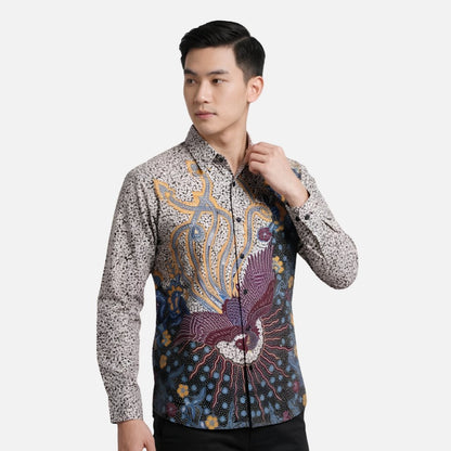 Odza Kemeja Batik Pria Slim Fit Lengan Panjang Katun Premium Baju Kerja Kondangan Motif Burung Gaharu Coklat Cream