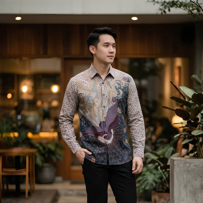 Odza Kemeja Batik Pria Slim Fit Lengan Panjang Katun Premium Baju Kerja Kondangan Motif Burung Gaharu Coklat Cream