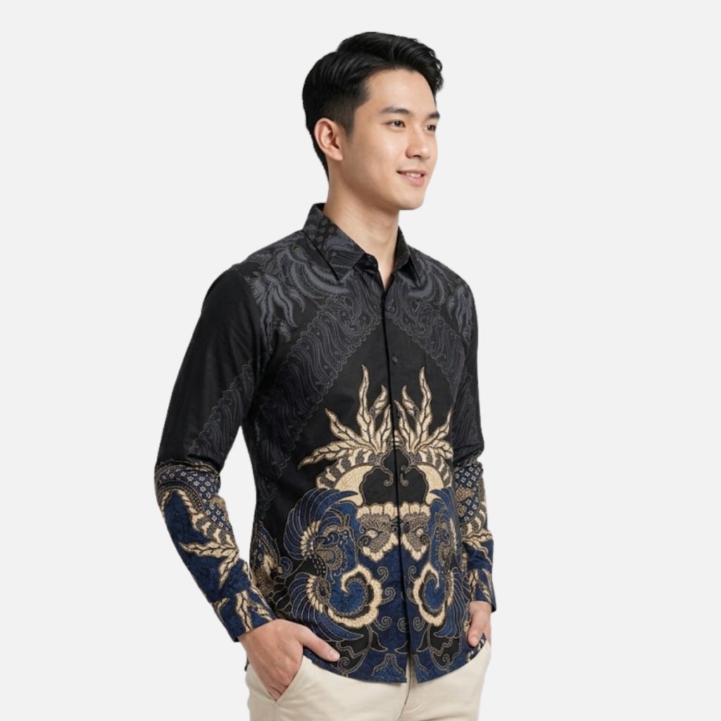 Odza Kemeja Batik Pria Slim Fit Lengan Panjang Katun Premium Baju Kerja Kondangan Modern Dariafa Hitam Cream