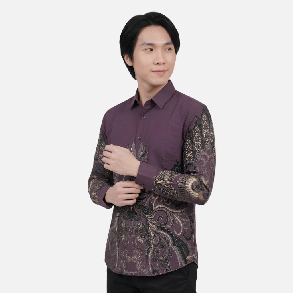 Odza Kemeja Batik Pria Slim Fit Lengan Panjang Katun Premium Baju Kerja Kondangan Rheyza Ungu Hitam