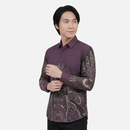 Odza Kemeja Batik Pria Slim Fit Lengan Panjang Katun Premium Baju Kerja Kondangan Rheyza Ungu Hitam