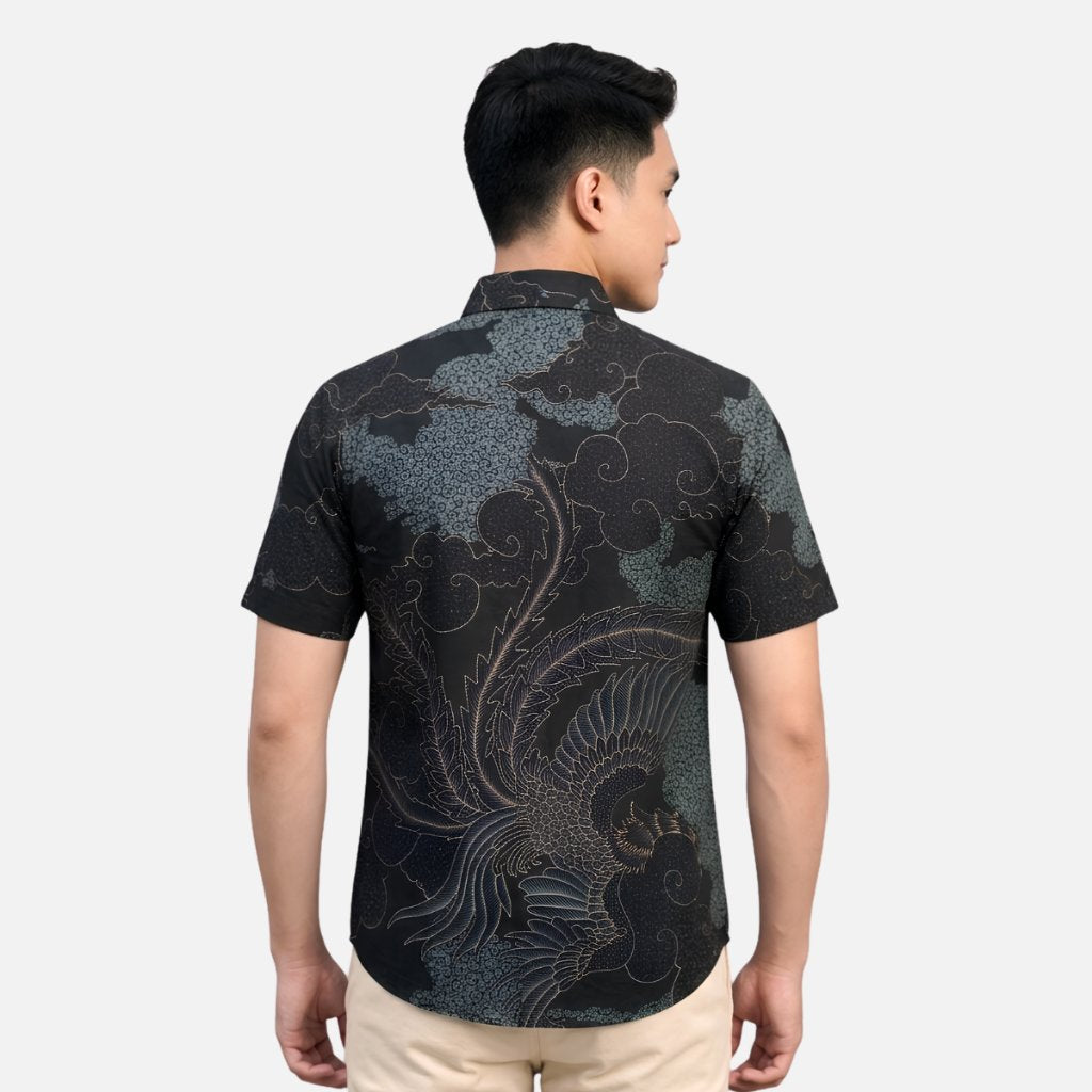 Odza Kemeja Batik Pria Slim Fit Lengan Pendek Katun Premium Baju Kerja Seragam Kantor Wirasana Hitam Hijau