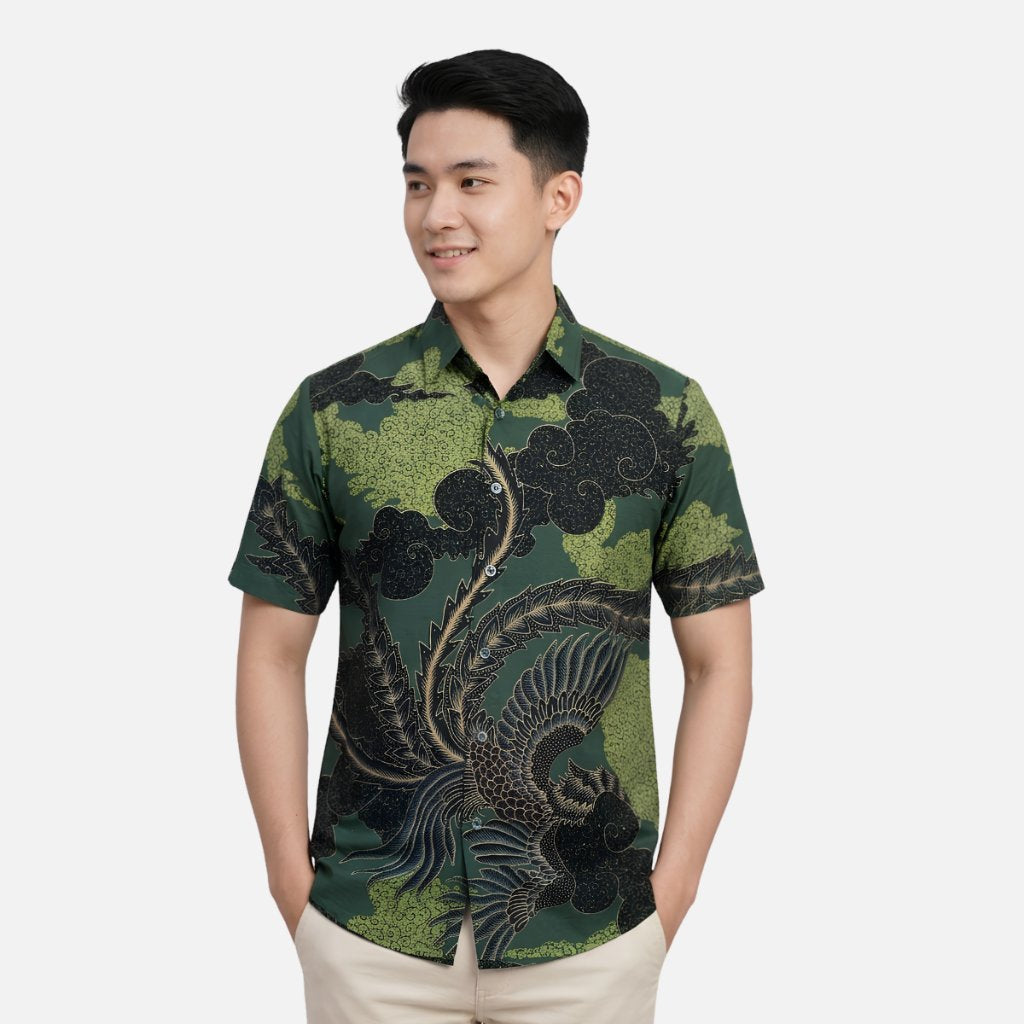 Odza Kemeja Batik Pria Slim Fit Lengan Pendek Katun Premium Baju Kerja Seragam Kantor Wirasana Hitam Hijau