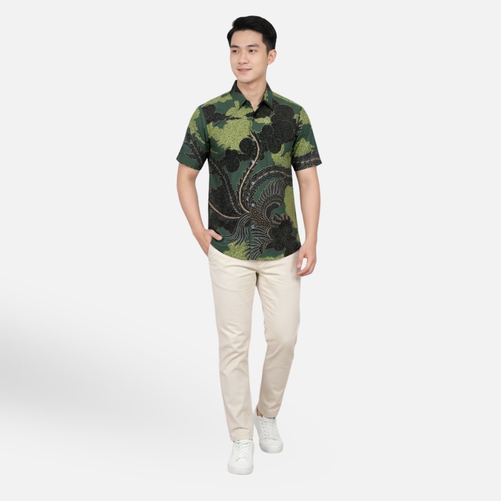 Odza Kemeja Batik Pria Slim Fit Lengan Pendek Katun Premium Baju Kerja Seragam Kantor Yasawirya Hijau Hitam