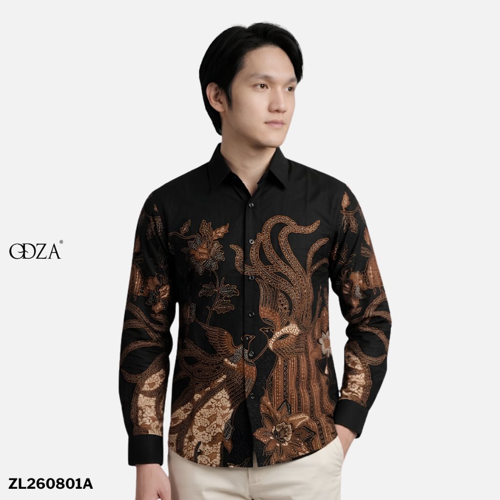 Odza Kemeja Batik Pria Slim Fit Lengan Panjang Katun Premium Baju Kerja Kondangan Hanusa Hitam Cream