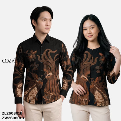 Odza Batik Couple Set Kemeja Pria Blouse Wanita Lengan Panjang 7/8 Slim Fit Katun Premium Kondangan Modern Tsamara Hitam