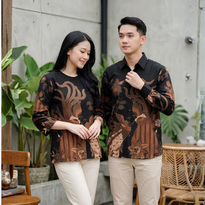 Odza Batik Couple Set Kemeja Pria Blouse Wanita Lengan Panjang 7/8 Slim Fit Katun Premium Kondangan Modern Tsamara Hitam