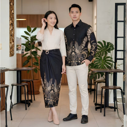 Odza Batik Couple Set Kemeja Pria Lengan Panjang Rok Lilit Wanita Katun Premium Kondangan Seragam Modern Renatisa Hitam