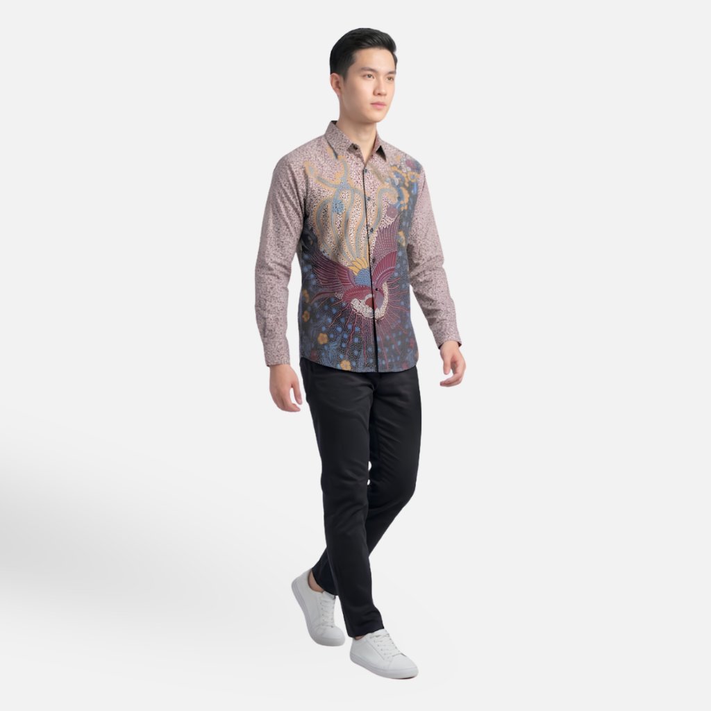 Odza Kemeja Batik Pria Slim Fit Lengan Panjang Katun Premium Baju Kerja Kondangan Motif Burung Gaharu Coklat Cream