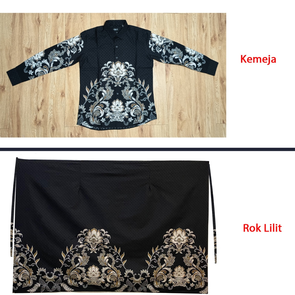 Set Kemeja Lengan Panjang Rok Lilit Couple Batik Kebaya Jumputan Pria Wanita Hitam Hanusa