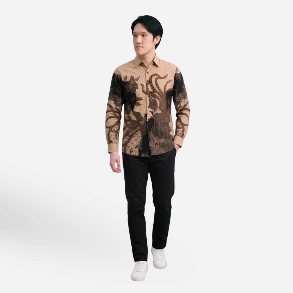 Odza Kemeja Batik Pria Slim Fit Lengan Panjang Katun Premium Baju Kerja Kondangan Hanusa Hitam Cream