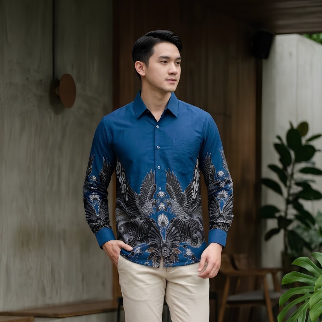 Odza Kemeja Batik Pria Slim Fit Lengan Panjang Katun Premium Baju Kerja Kondangan Modern Cakrabuana Biru Hitam
