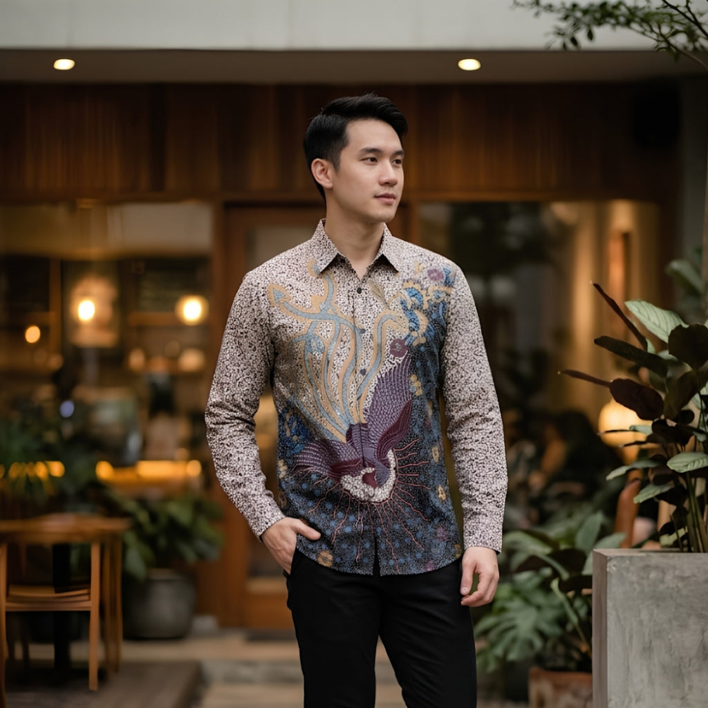 Odza Kemeja Batik Pria Slim Fit Lengan Panjang Katun Premium Baju Kerja Kondangan Motif Burung Gaharu Coklat Cream