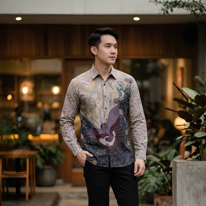 Odza Kemeja Batik Pria Slim Fit Lengan Panjang Katun Premium Baju Kerja Kondangan Motif Burung Gaharu Coklat Cream