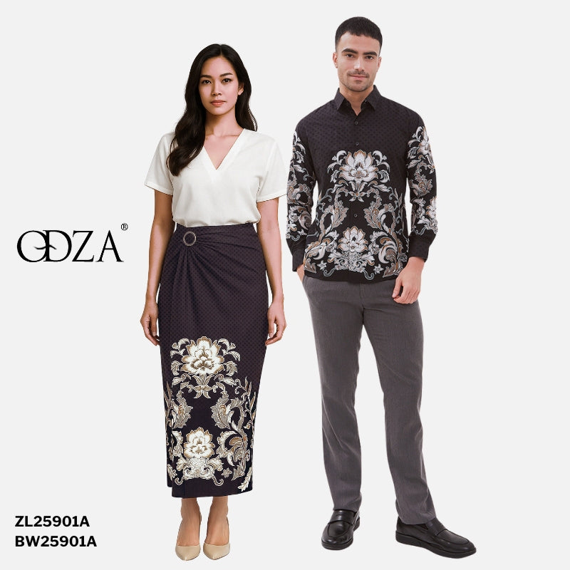 Set Kemeja Lengan Panjang Rok Lilit Couple Batik Kebaya Jumputan Pria Wanita Hitam Hanusa