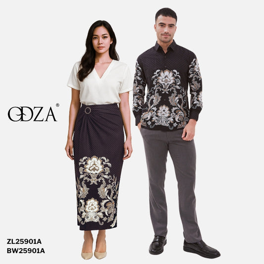 Set Kemeja Lengan Panjang Rok Lilit Couple Batik Kebaya Jumputan Pria Wanita Hitam Hanusa