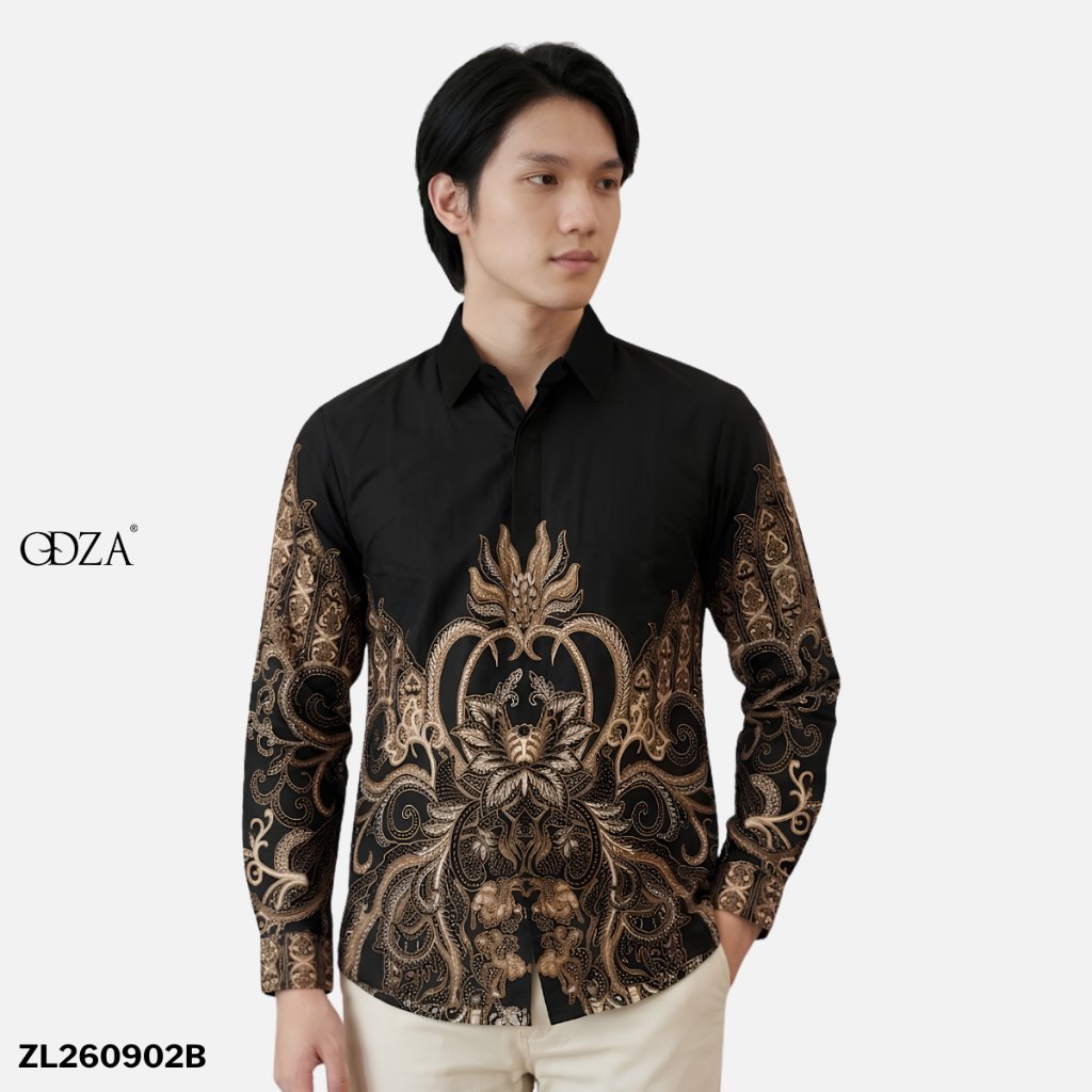 Odza Kemeja Batik Pria Slim Fit Lengan Panjang Katun Premium Baju Kerja Kondangan Rheyza Ungu Hitam