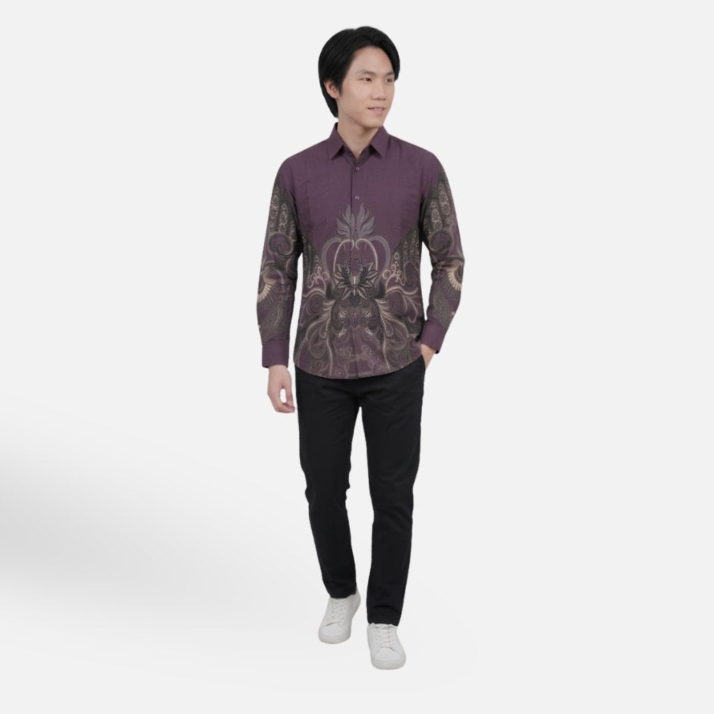 Odza Kemeja Batik Pria Slim Fit Lengan Panjang Katun Premium Baju Kerja Kondangan Rheyza Ungu Hitam
