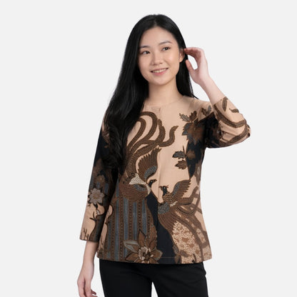Odza Blouse Batik Wanita Lengan 7/8 Atasan Kemeja Kerja Kondangan Modern Katun Premium Keitara Hitam Cream