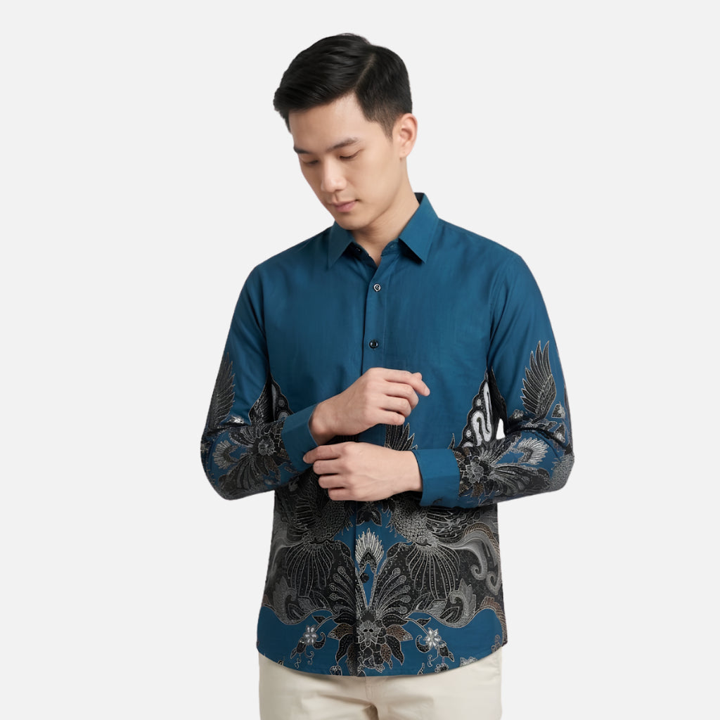 Odza Batik Couple Set Kemeja Pria Lengan Panjang Rok Lilit Wanita Katun Premium Kondangan Seragam Dutiara Biru