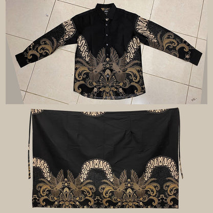 Odza Batik Couple Set Kemeja Pria Lengan Panjang Rok Lilit Wanita Katun Premium Kondangan Seragam Modern Renatisa Hitam