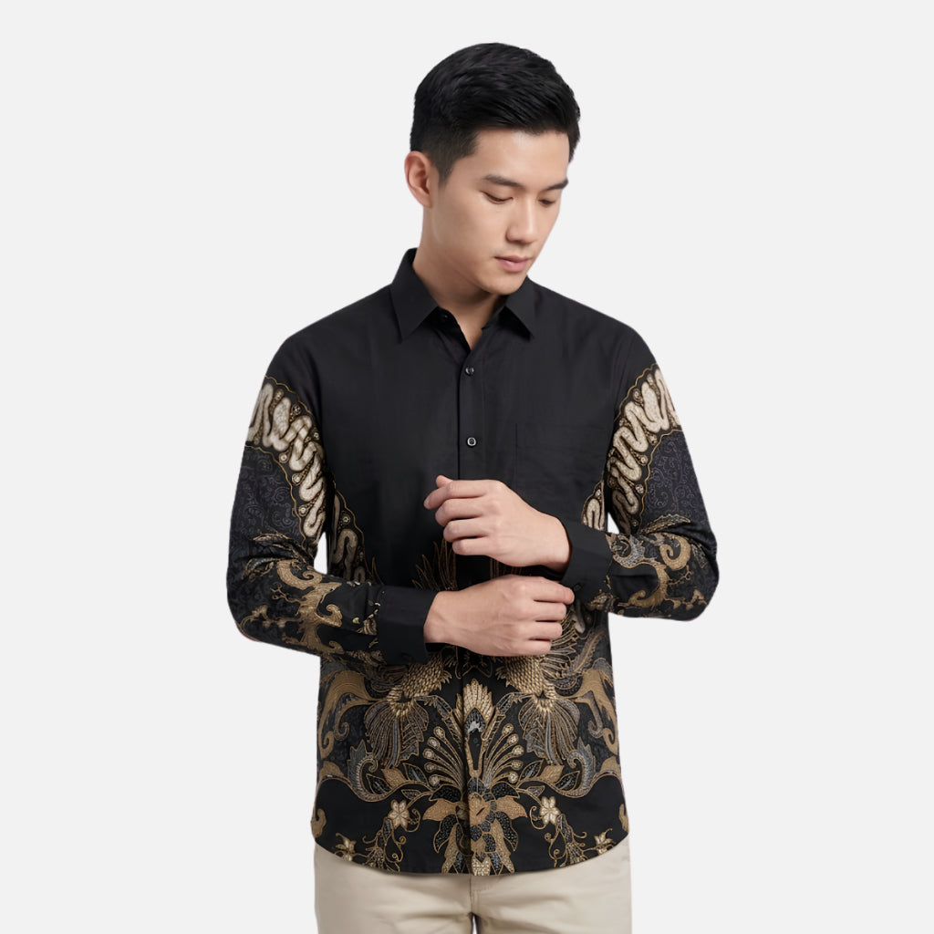 Odza Batik Couple Set Kemeja Pria Lengan Panjang Rok Lilit Wanita Katun Premium Kondangan Seragam Modern Renatisa Hitam