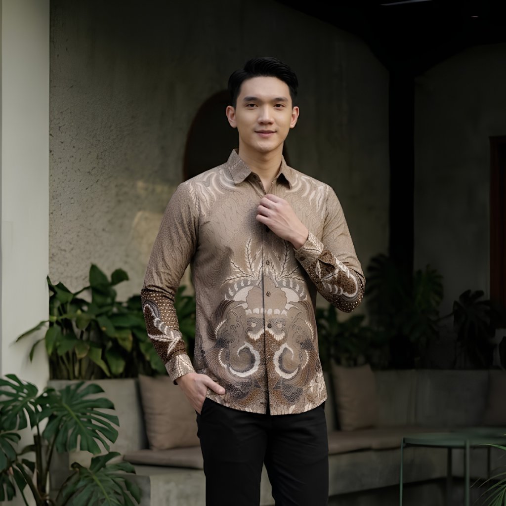 Odza Kemeja Batik Pria Slim Fit Lengan Panjang Katun Premium Baju Kerja Kondangan Modern Arisha Cream Hitam