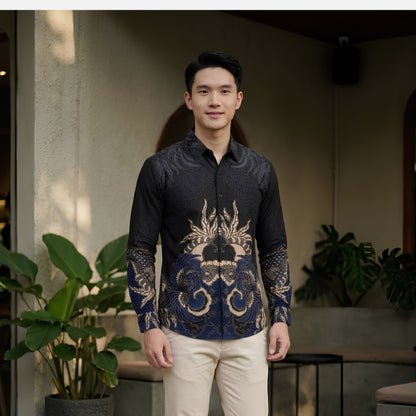 Odza Kemeja Batik Pria Slim Fit Lengan Panjang Katun Premium Baju Kerja Kondangan Modern Arisha Cream Hitam
