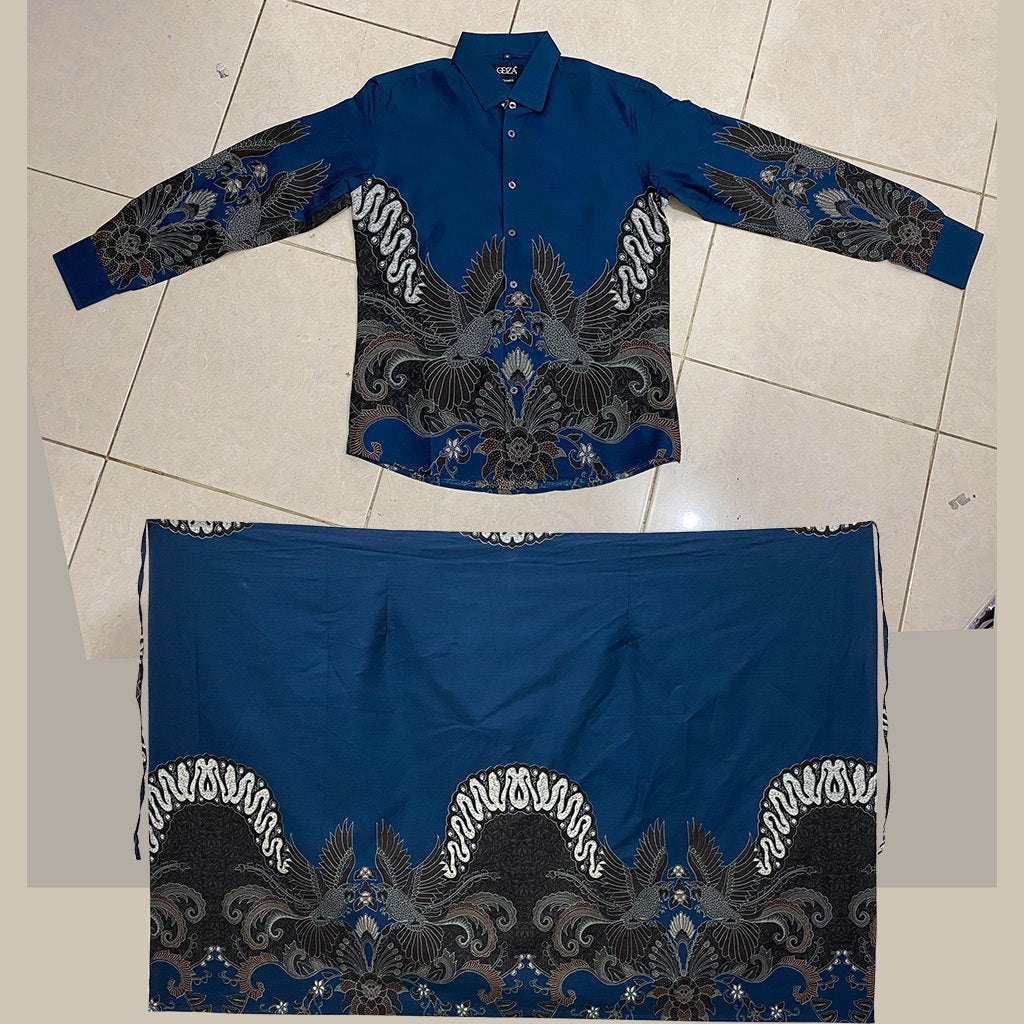 Odza Batik Couple Set Kemeja Pria Lengan Panjang Rok Lilit Wanita Katun Premium Kondangan Seragam Dutiara Biru
