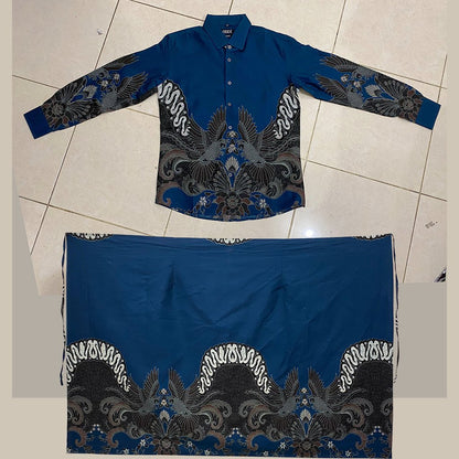 Odza Batik Couple Set Kemeja Pria Lengan Panjang Rok Lilit Wanita Katun Premium Kondangan Seragam Dutiara Biru