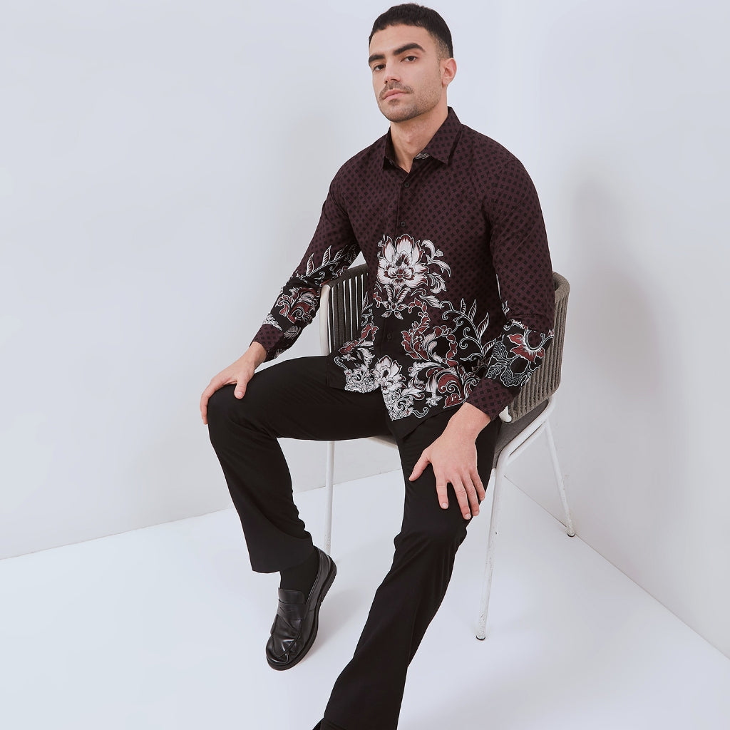 Set Kemeja Batik Couple Rok Lilit Kebaya Jumputan Pria Wanita Lengan Panjang Hitam Halmara