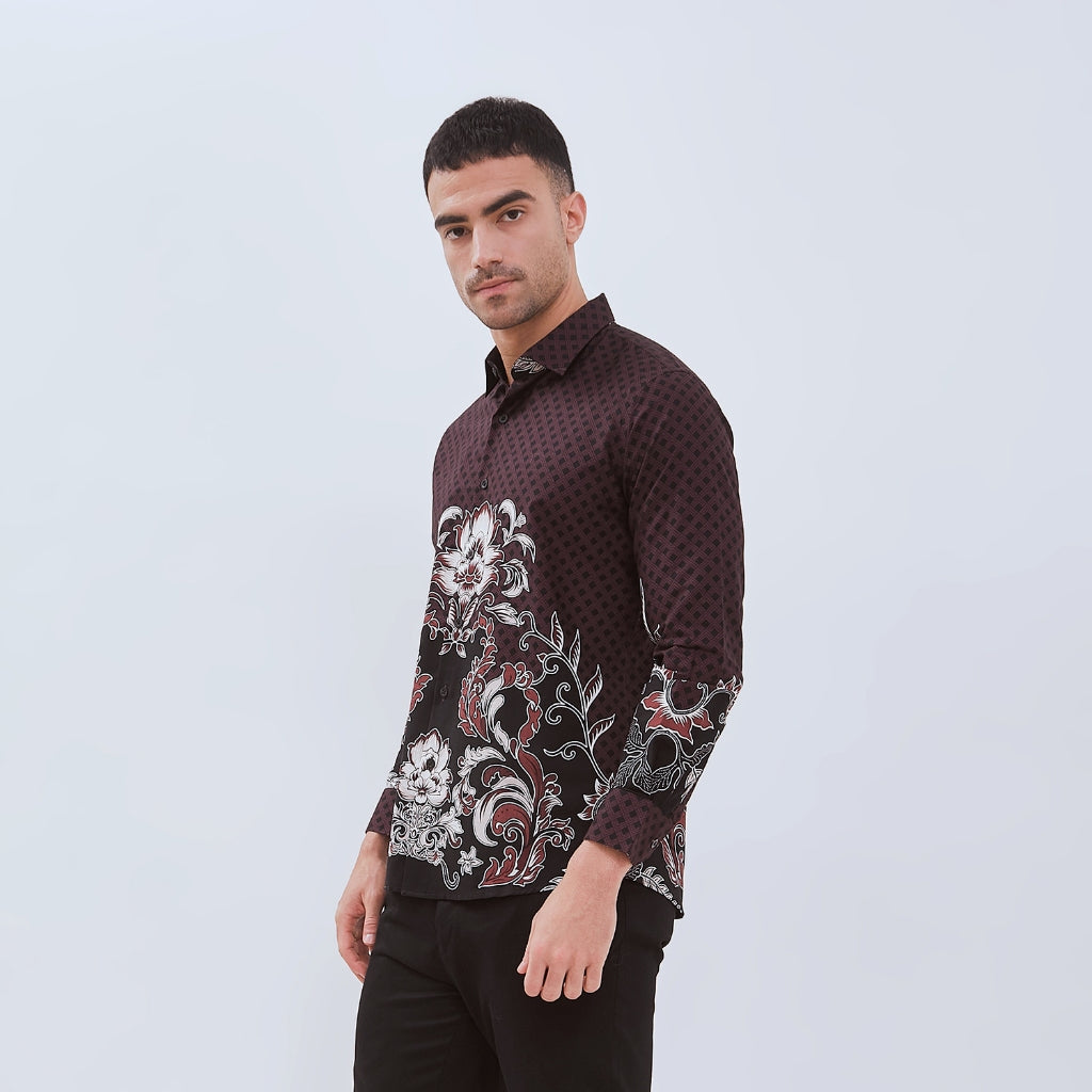 Set Kemeja Batik Couple Rok Lilit Kebaya Jumputan Pria Wanita Lengan Panjang Hitam Halmara