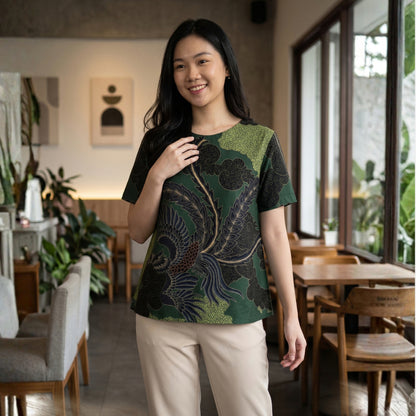 Odza Blouse Batik Wanita Lengan Pendek Atasan Kemeja Kerja Kondangan Modern Katun Premium Claura Hitam Hijau