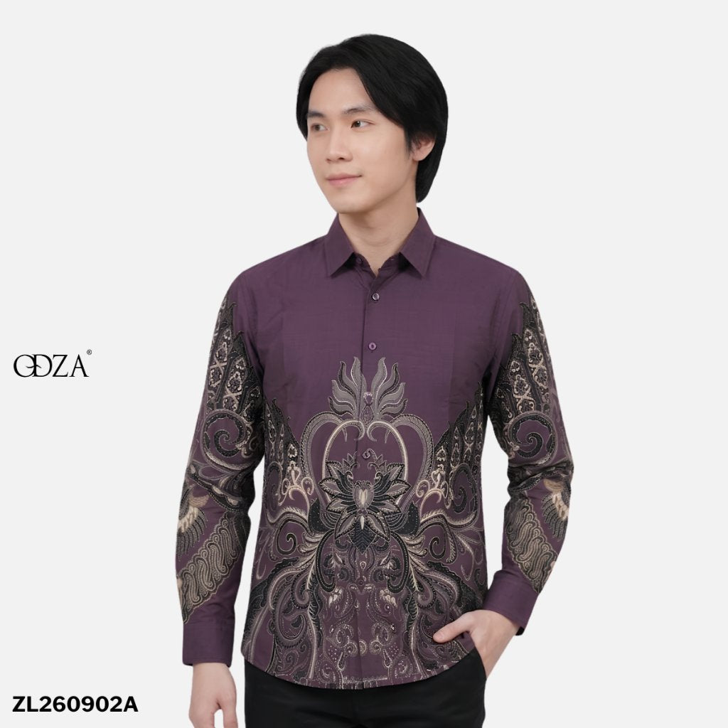 Odza Kemeja Batik Pria Slim Fit Lengan Panjang Katun Premium Baju Kerja Kondangan Rheyza Ungu Hitam