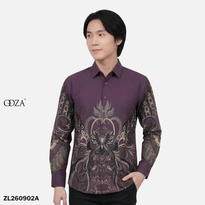 Odza Kemeja Batik Pria Slim Fit Lengan Panjang Katun Premium Baju Kerja Kondangan Priyatama Hitam Ungu