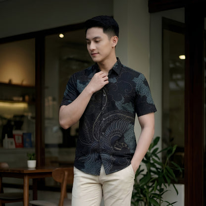 Odza Kemeja Batik Pria Slim Fit Lengan Pendek Katun Premium Baju Kerja Seragam Kantor Wirasana Hitam Hijau