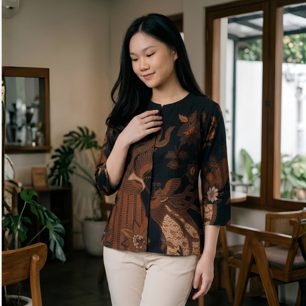 Odza Blouse Batik Wanita Lengan 7/8 Atasan Kemeja Kerja Kondangan Modern Katun Premium Adiraga Cream Hitam