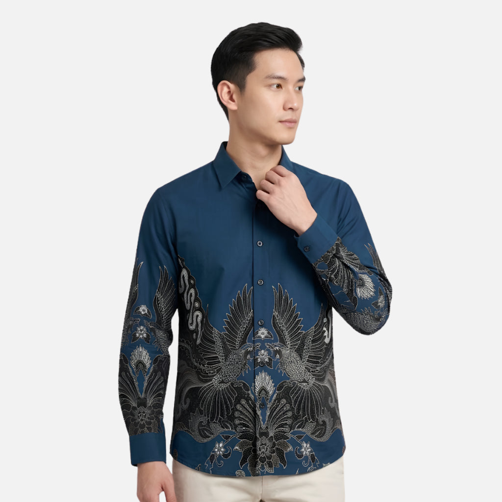 Odza Batik Couple Set Kemeja Pria Lengan Panjang Rok Lilit Wanita Katun Premium Kondangan Seragam Dutiara Biru