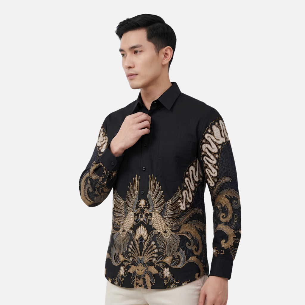 Odza Batik Couple Set Kemeja Pria Lengan Panjang Rok Lilit Wanita Katun Premium Kondangan Seragam Modern Renatisa Hitam