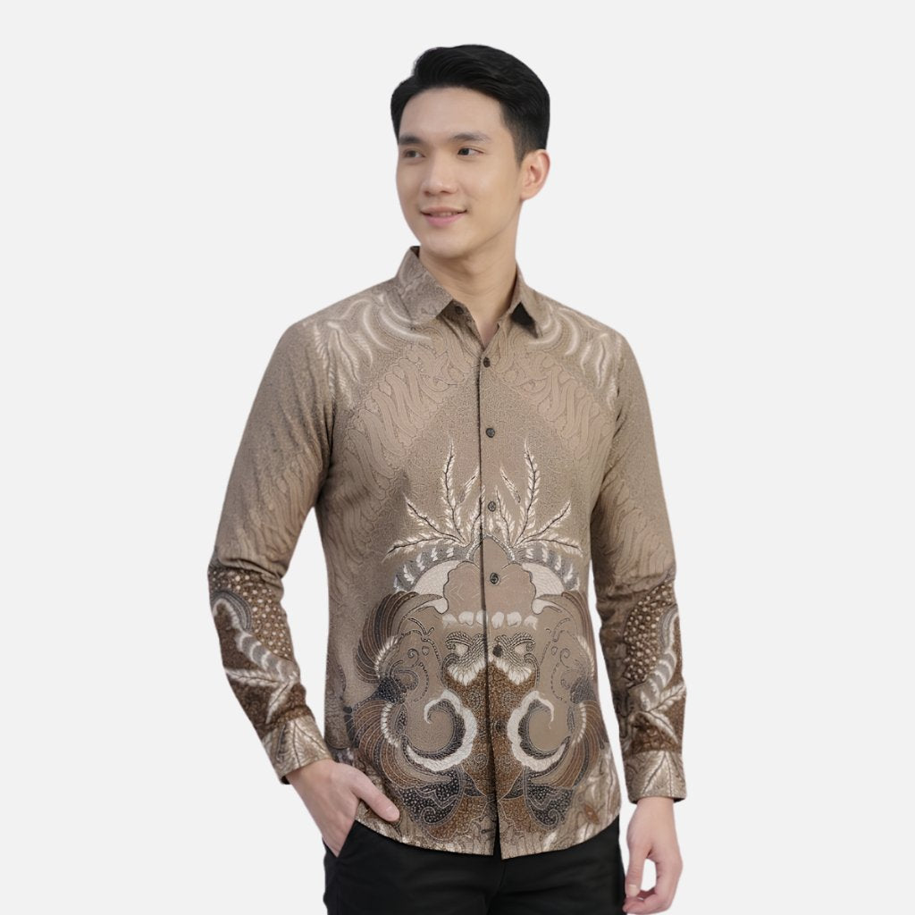 Odza Kemeja Batik Pria Slim Fit Lengan Panjang Katun Premium Baju Kerja Kondangan Modern Dariafa Hitam Cream