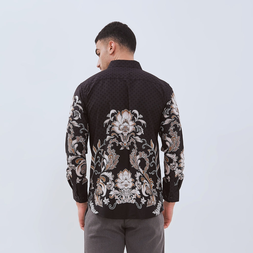 Set Kemeja Lengan Panjang Rok Lilit Couple Batik Kebaya Jumputan Pria Wanita Hitam Hanusa