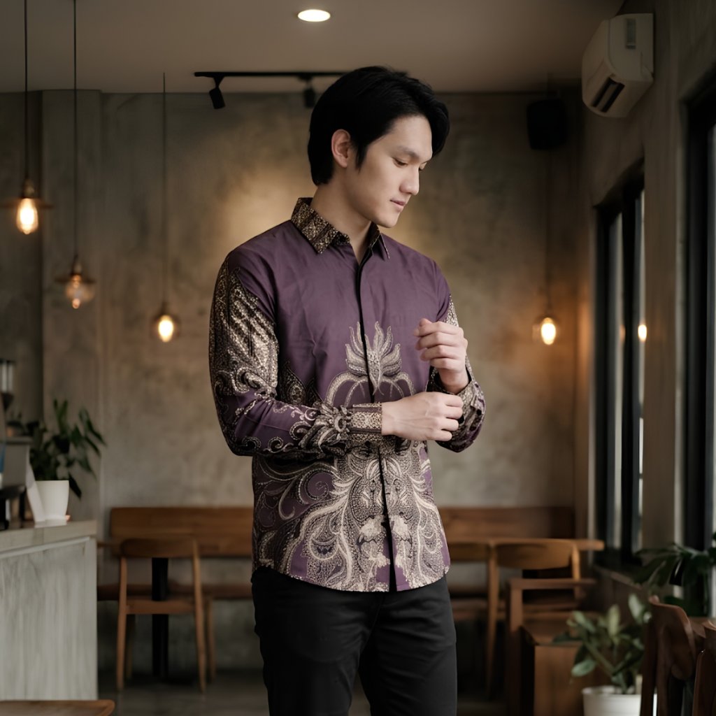 Odza Kemeja Batik Pria Slim Fit Lengan Panjang Katun Premium Baju Kerja Kondangan Priyatama Hitam Ungu