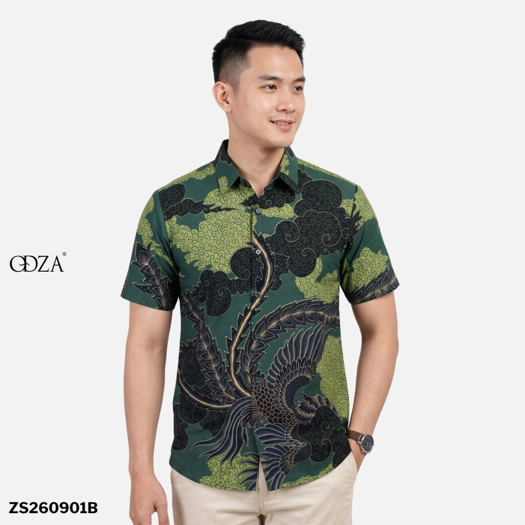 Odza Kemeja Batik Pria Slim Fit Lengan Pendek Katun Premium Baju Kerja Seragam Kantor Wirasana Hitam Hijau