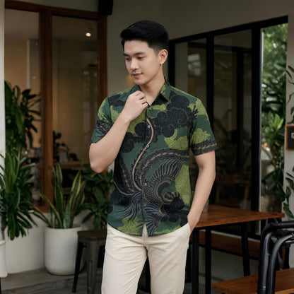 Odza Kemeja Batik Pria Slim Fit Lengan Pendek Katun Premium Baju Kerja Seragam Kantor Wirasana Hitam Hijau