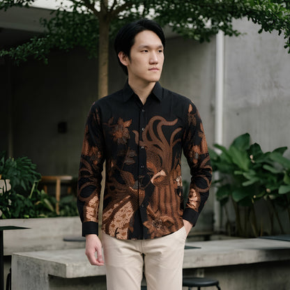 Odza Kemeja Batik Pria Slim Fit Lengan Panjang Katun Premium Baju Kerja Kondangan Hanusa Hitam Cream